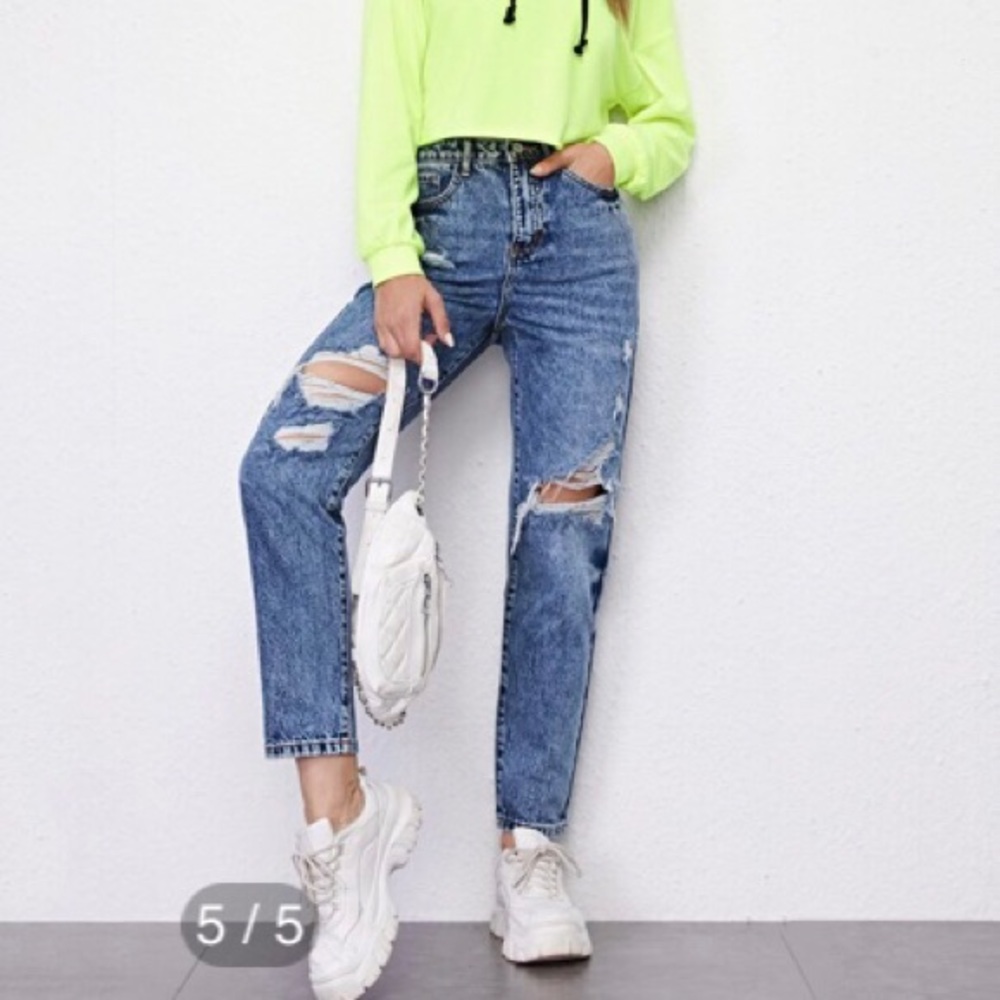 High Waist Ripped Mom Jeans - Shein